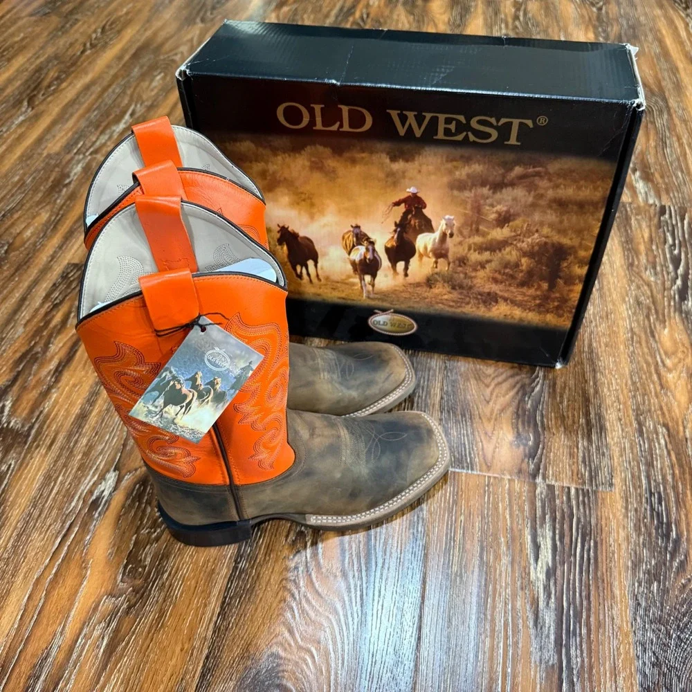 NEW Old West Kids Size 5 Brown Orange Leather Square Toe Cowboy Boots Western